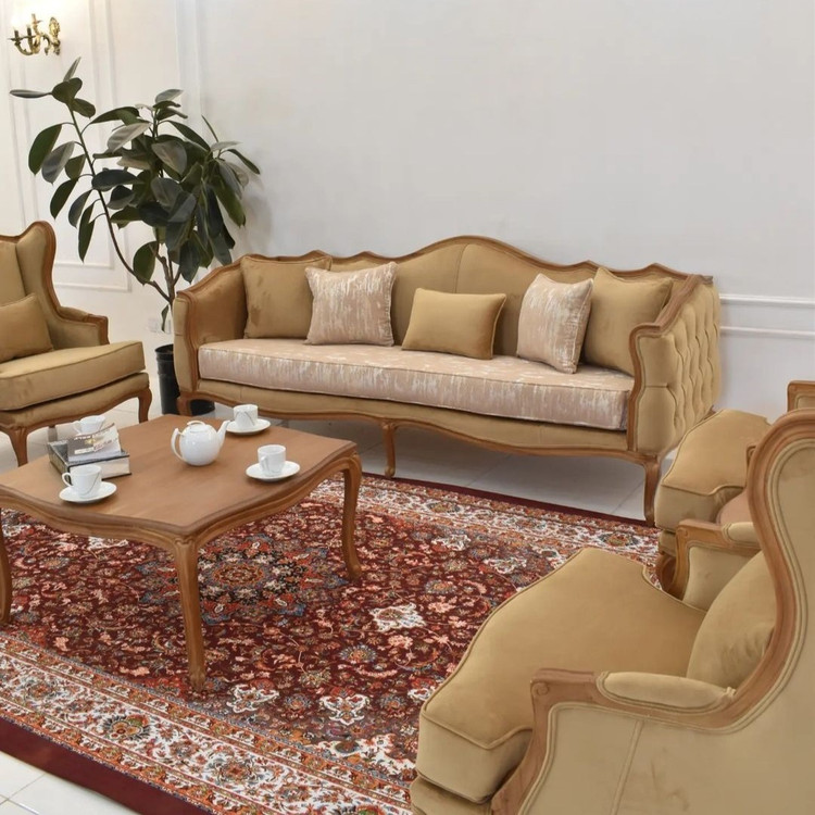 مبل کلاسیک 7 نفره مدل کویین فرانسوی با پایه چوبی
