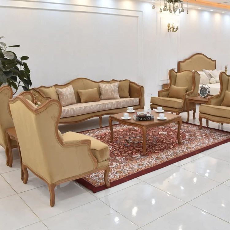 مبل کلاسیک 7 نفره مدل کویین فرانسوی با پایه چوبی