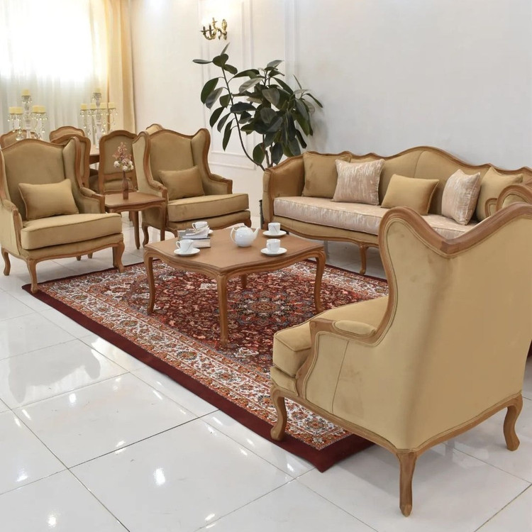 مبل کلاسیک 7 نفره مدل کویین فرانسوی با پایه چوبی