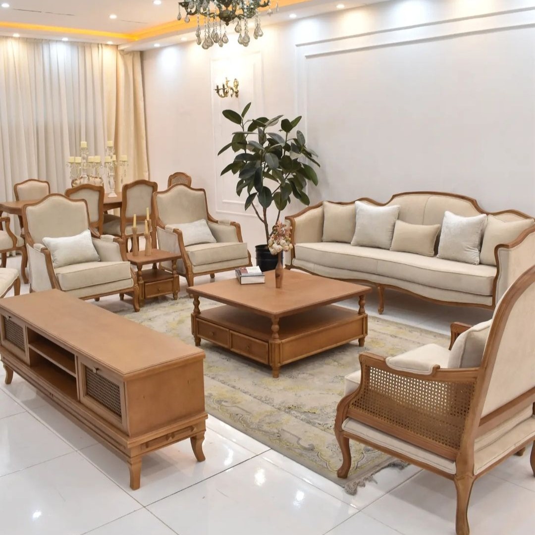 مبل کلاسیک 7 نفره مدل کویین فرانسوی با دسته حصیری و میز جلو مبلی