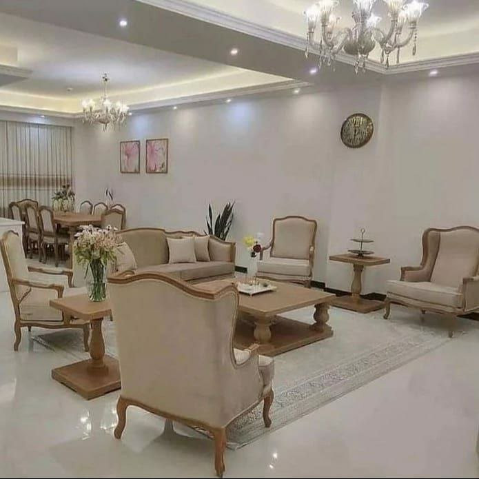 سرویس مبل هفت نفره باجلومبلی عسلی فرانسوی کویین ارسال رایگان
