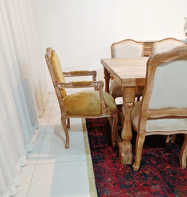 نهارخوری مدل فرانسوی 8 نفره با میز ستونی و رنگ سند بلاست