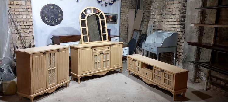 ست آینه کنسول و میز تلویزیون حصیری با آینه گنبدی