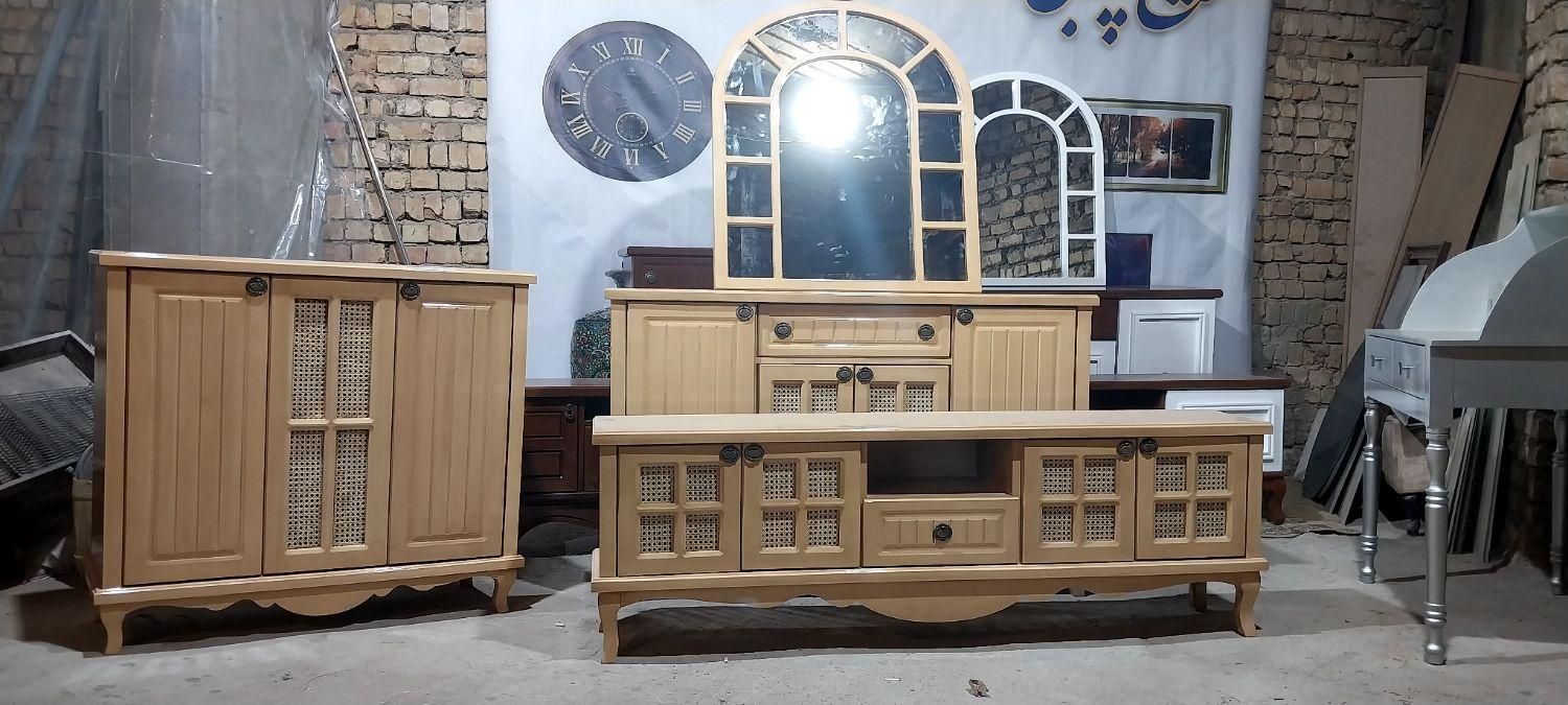 ست آینه کنسول و میز تلویزیون حصیری با آینه گنبدی