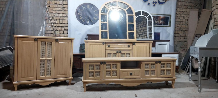 ست آینه کنسول و میز تلویزیون حصیری با آینه گنبدی