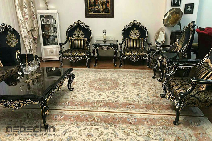 مبل کلاسیک مدل چراغان 9نفره رنگبندی مشکی طلایی