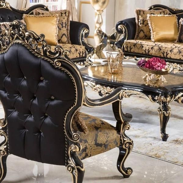 مبل کلاسیک مدل چراغان 9نفره رنگبندی مشکی طلایی