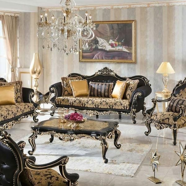 مبل کلاسیک مدل چراغان 9نفره رنگبندی مشکی طلایی